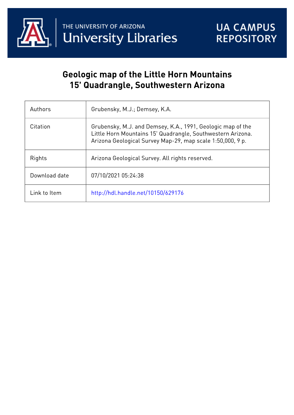 Geologic Map of the Little Horn Mountains 15' Quadrangle, Southwestern Arizona