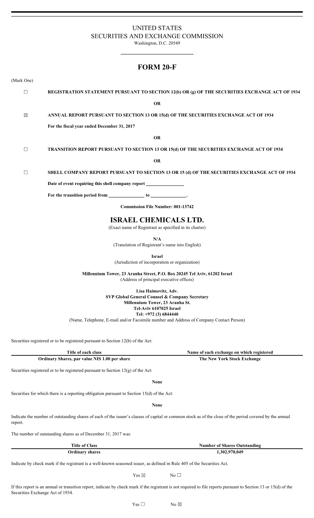 Form 20-F Israel Chemicals Ltd