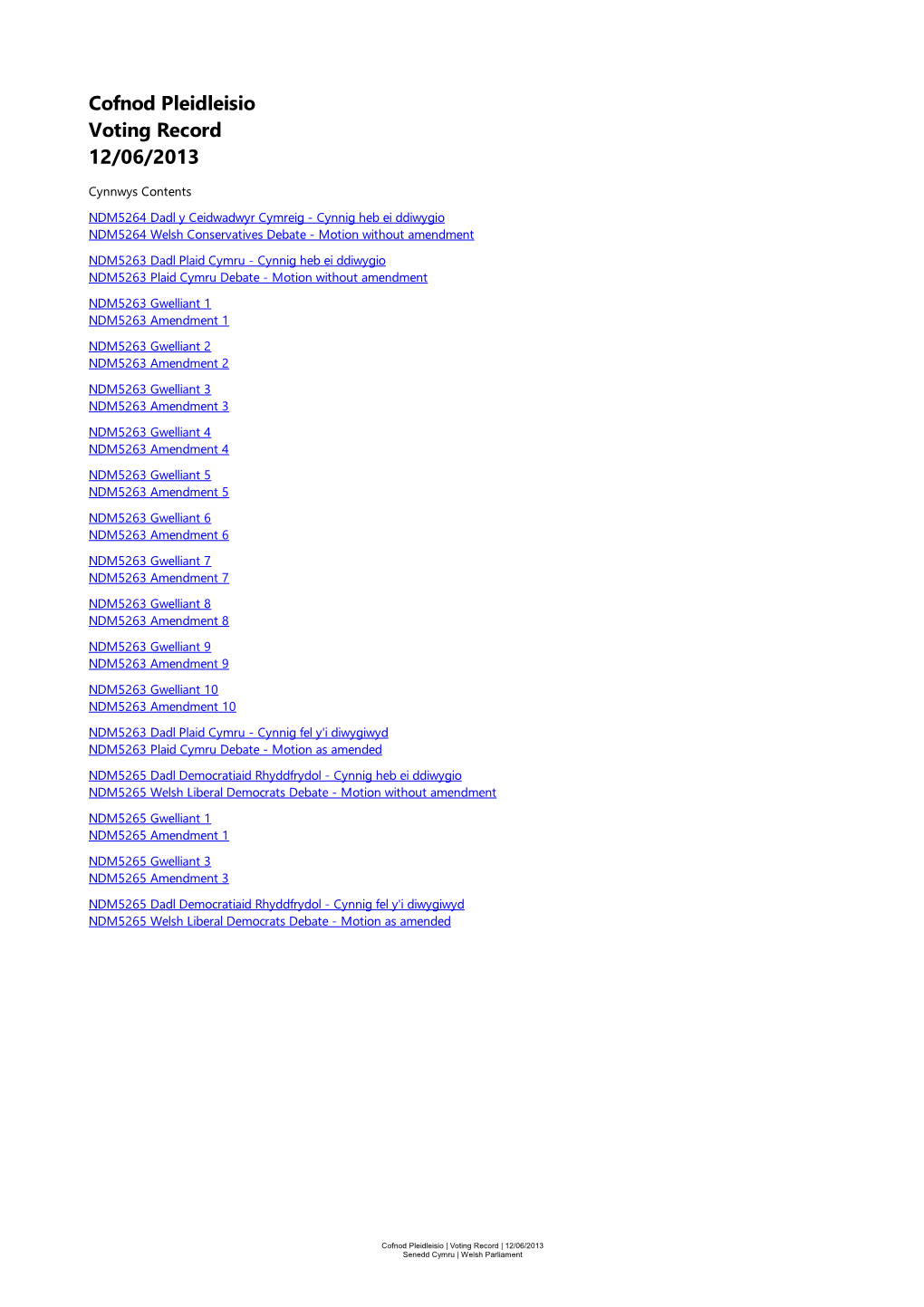 Cofnod Pleidleisio Voting Record 12/06/2013