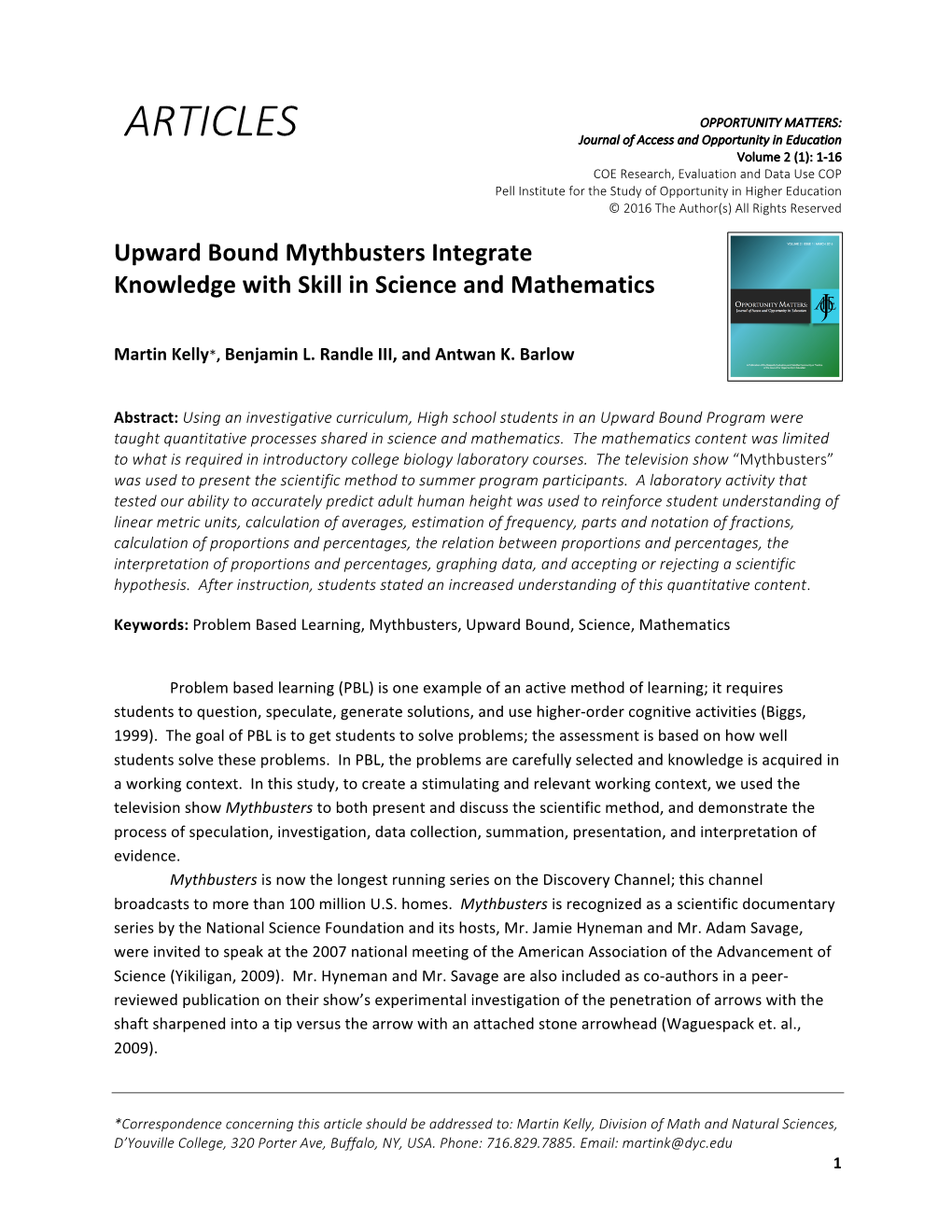 Upward Bound Mythbusters Integrate Knowledge with Skill in Science and Mathematics