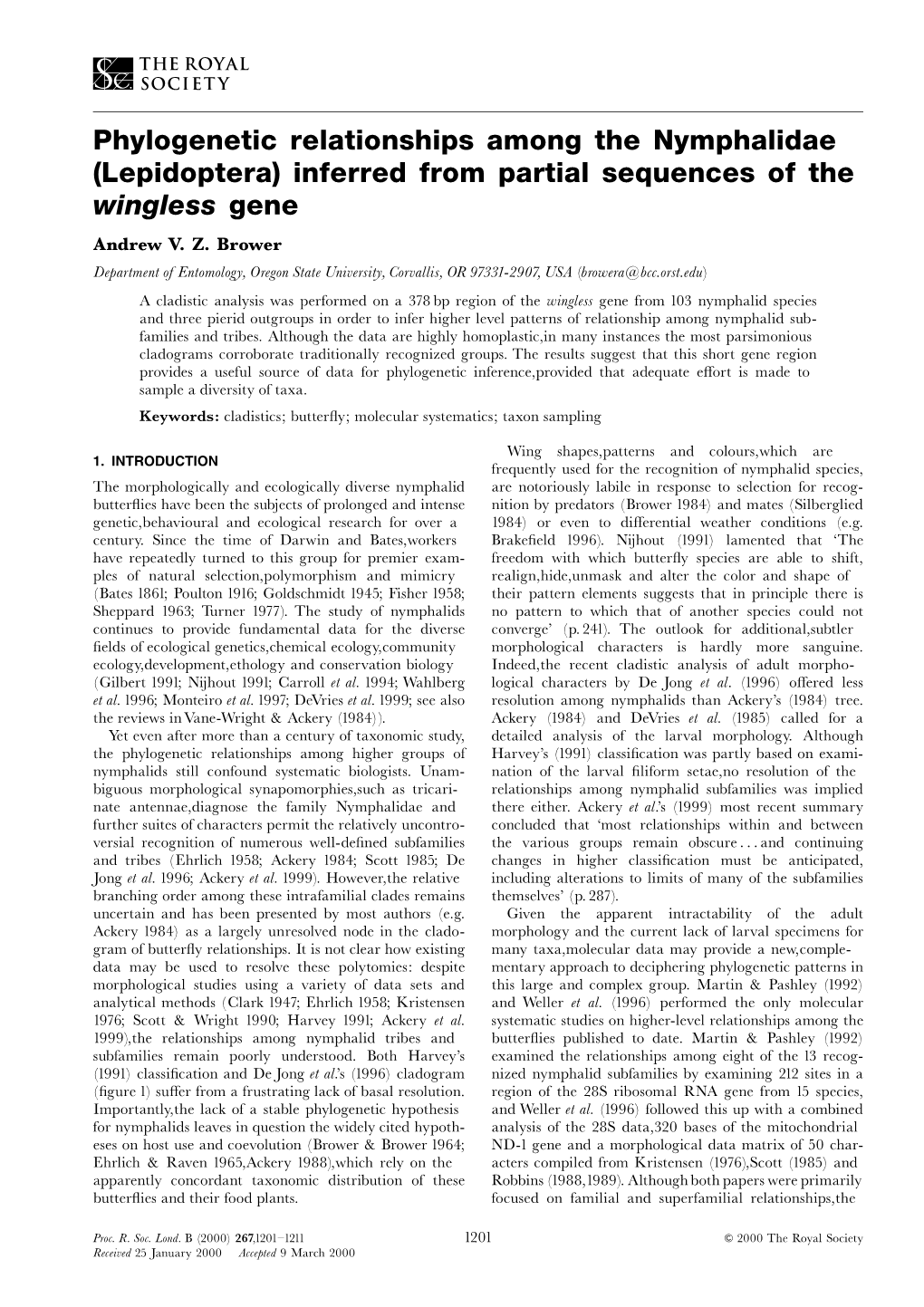 Lepidoptera) Inferred from Partial Sequences of the Wingless Gene Andrew V