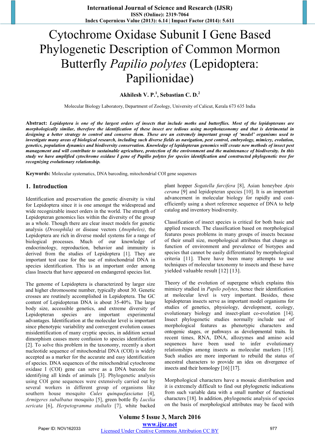 Cytochrome Oxidase Subunit I Gene Based Phylogenetic Description of Common Mormon Butterfly Papilio Polytes (Lepidoptera: Papilionidae)