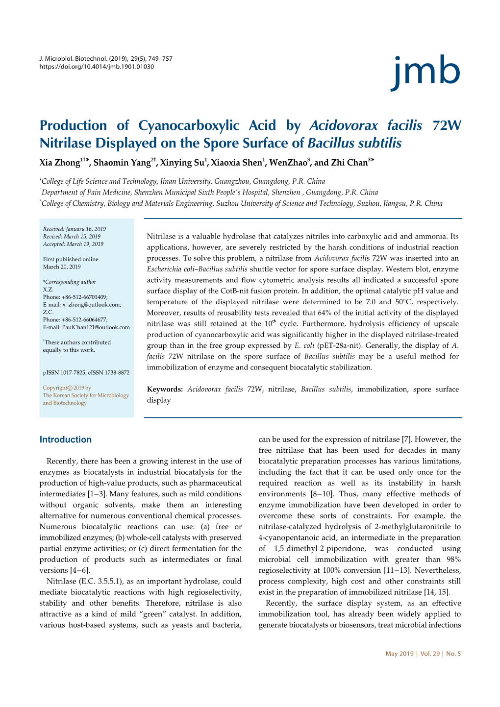 Production of Cyanocarboxylic Acid by Acidovorax Facilis 72W Nitrilase