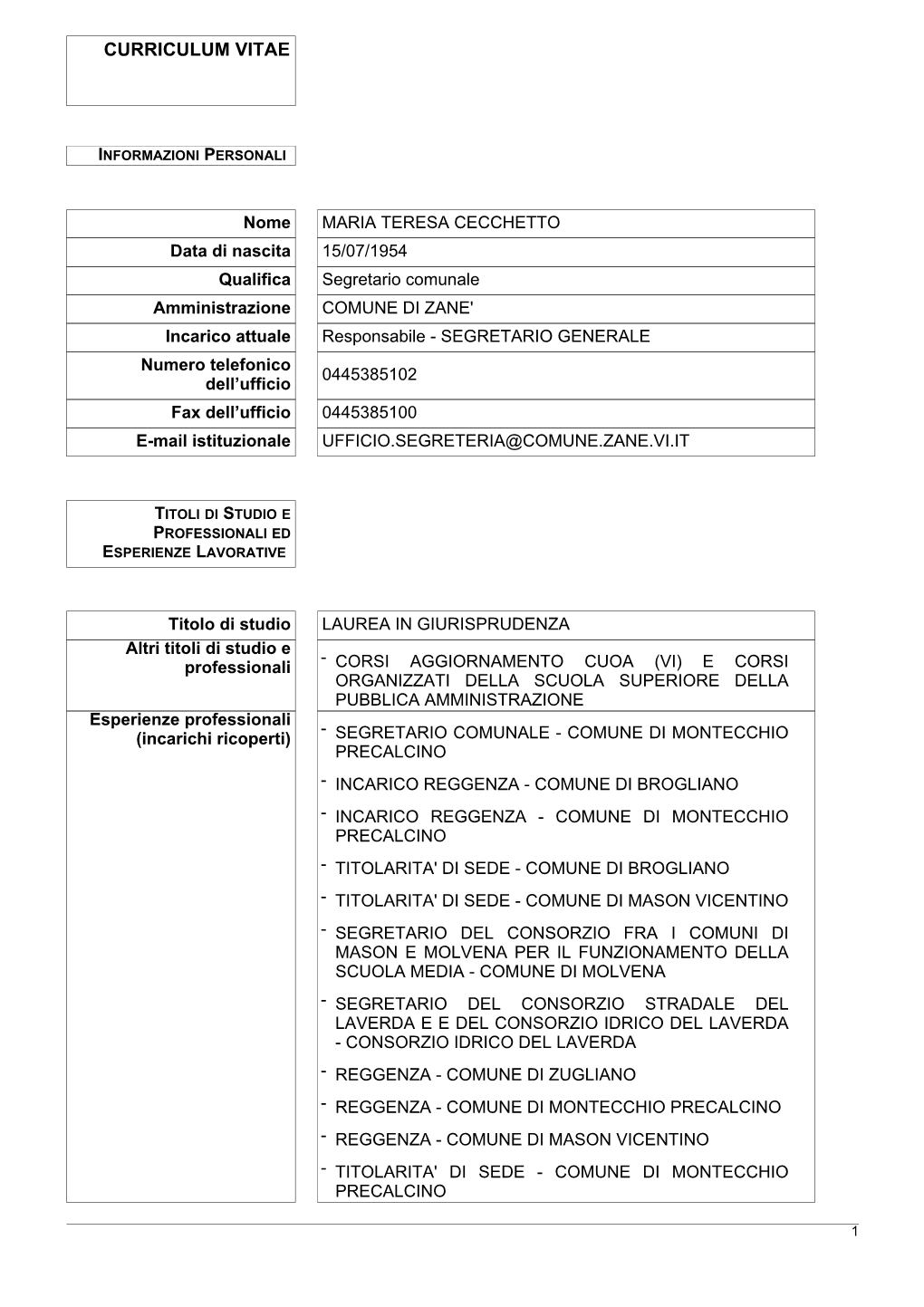 Curriculum Segretario Generale-Direttore