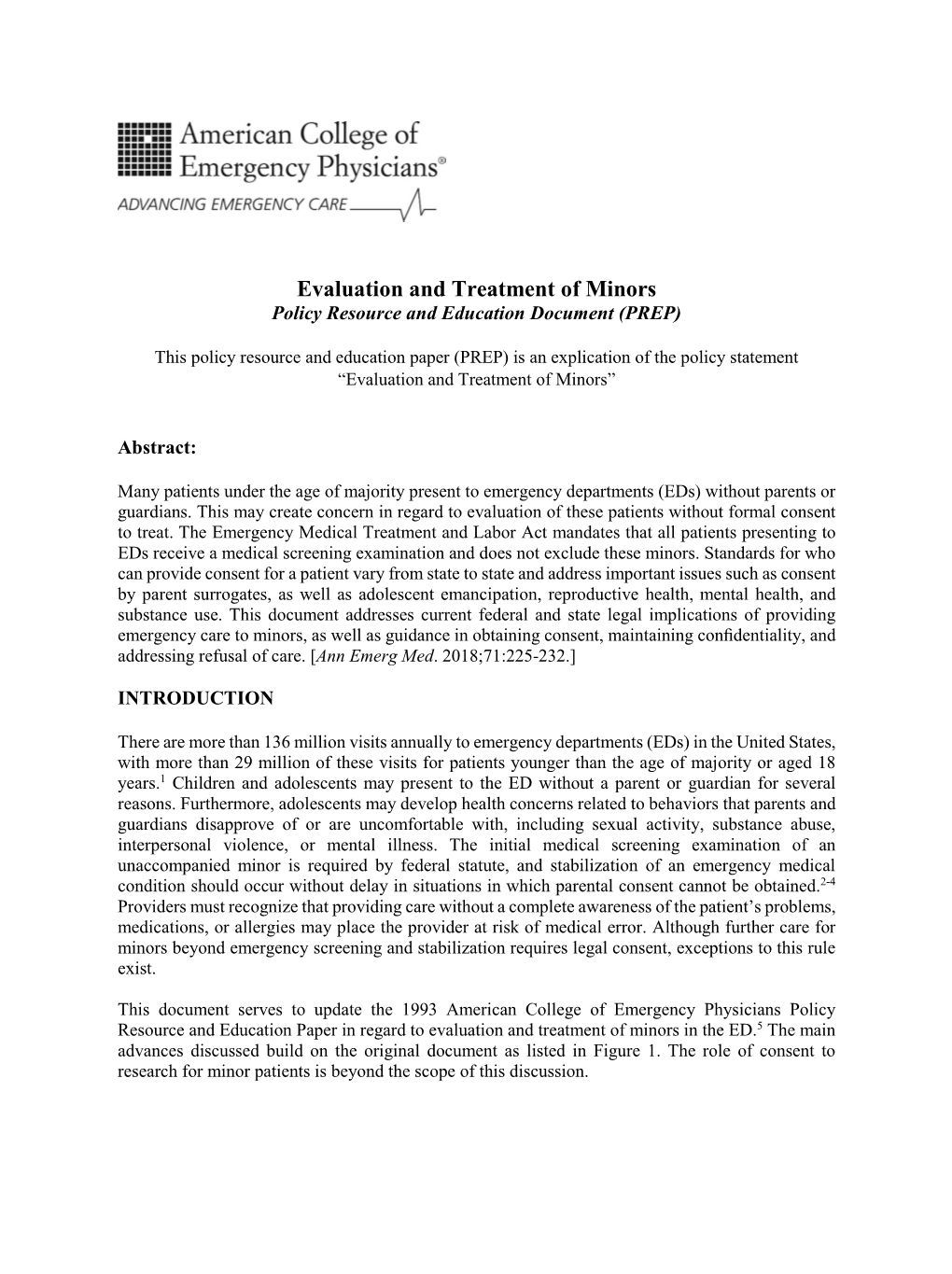 Evaluation and Treatment of Minors Policy Resource and Education Document (PREP)