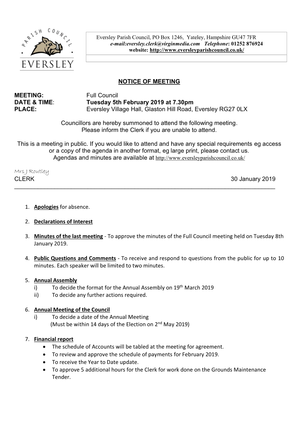 Full Council DATE & TIME: Tuesday 5Th February 2019 at 7.30Pm PLACE