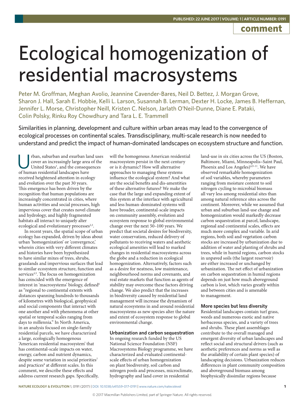 Ecological Homogenization of Residential Macrosystems Peter M