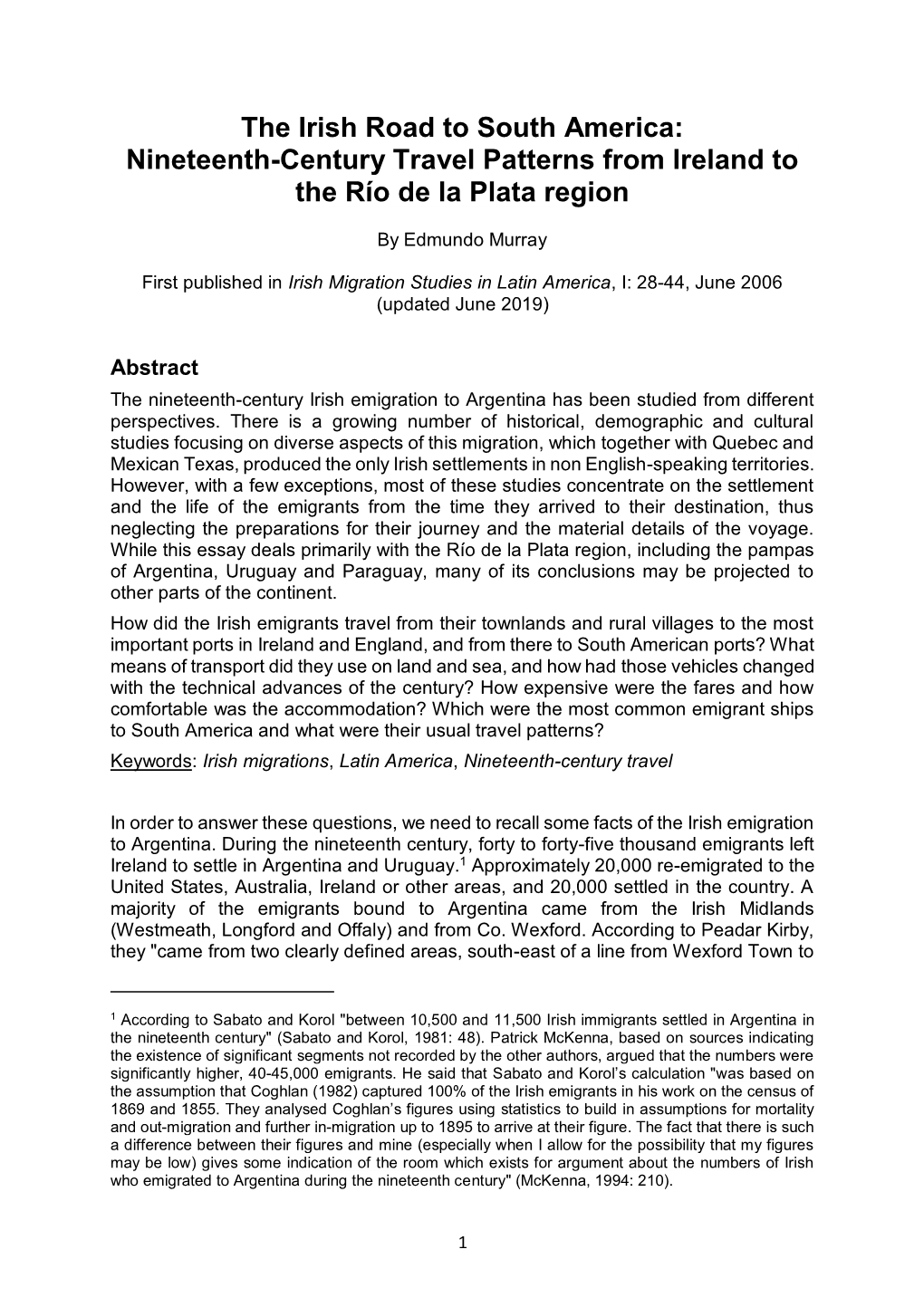 The Irish Road to South America: Nineteenth-Century Travel Patterns from Ireland to the Río De La Plata Region