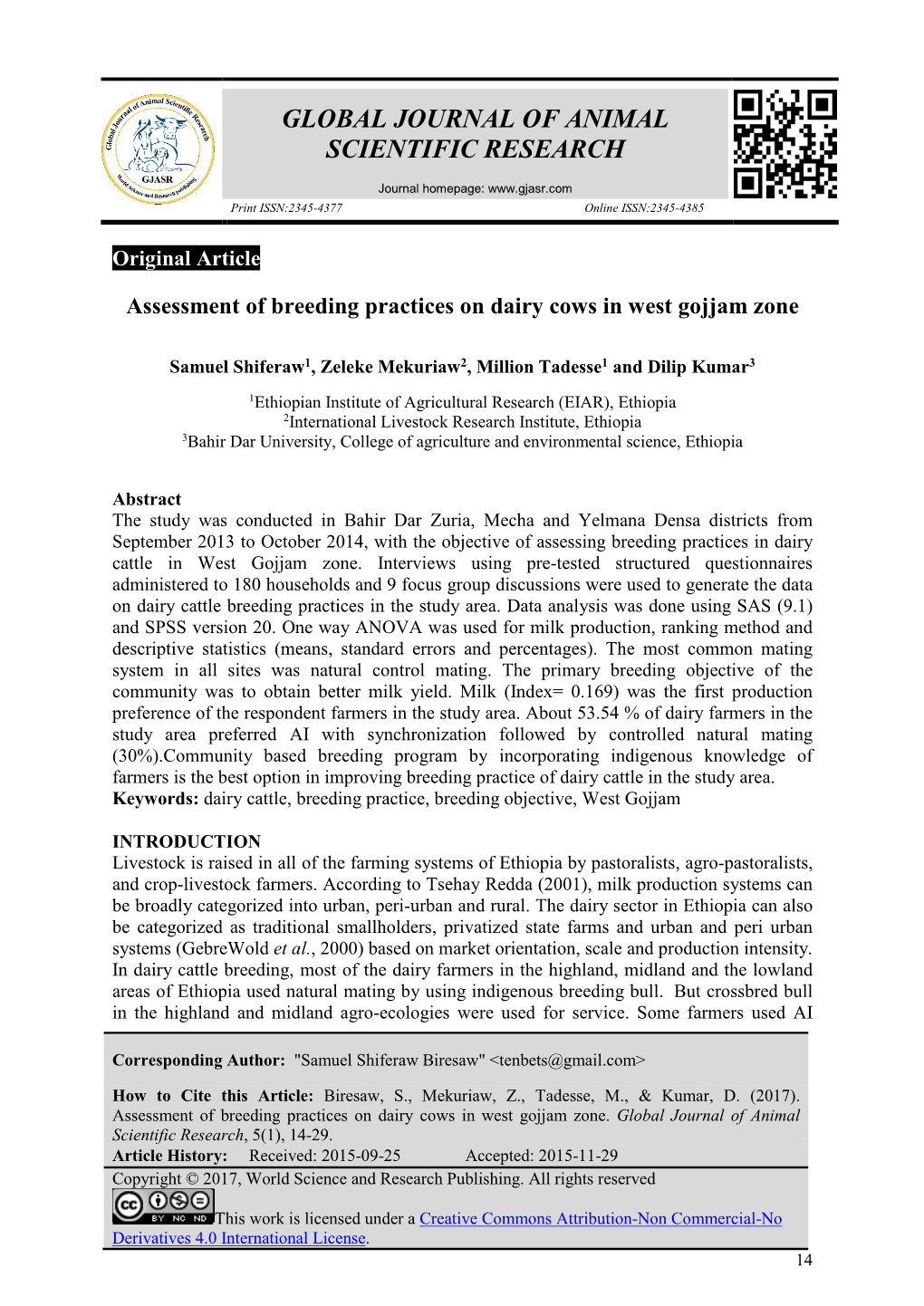 Assessment of Breeding Practices on Dairy Cows in West Gojjam Zone