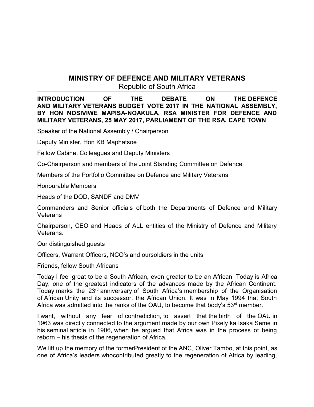 Ministry of Defence and Military Veterans