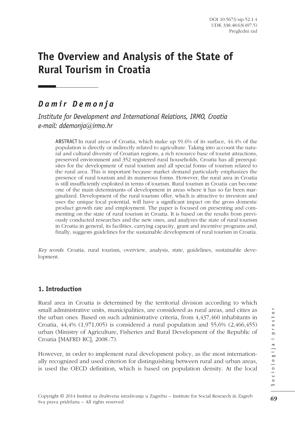 The Overview and Analysis of the State of Rural Tourism in Croatia