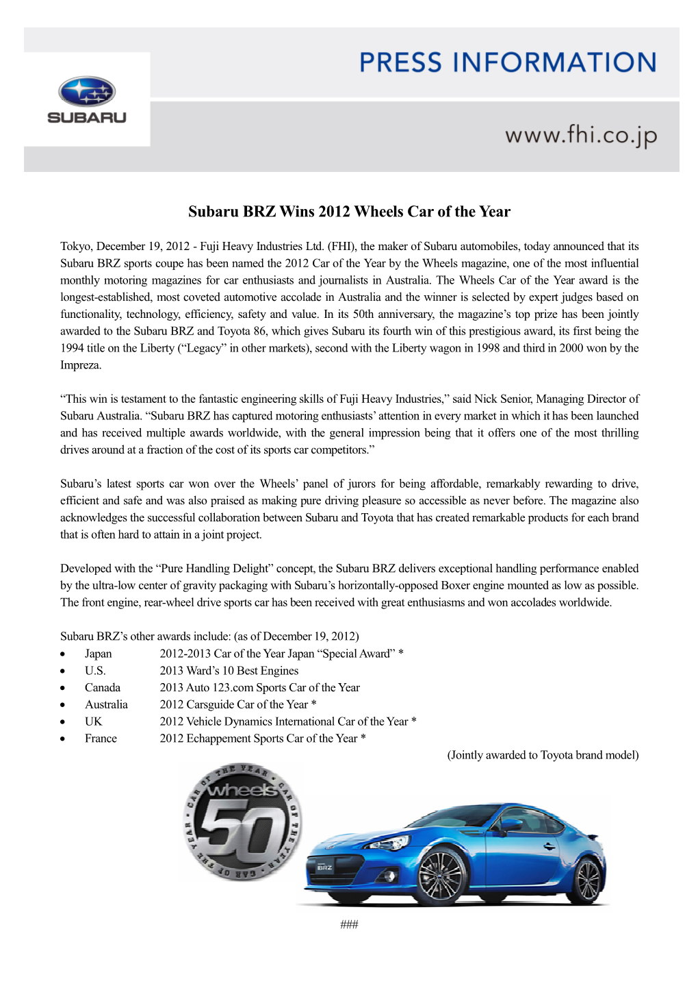 Subaru BRZ Wins 2012 Wheels Car of the Year