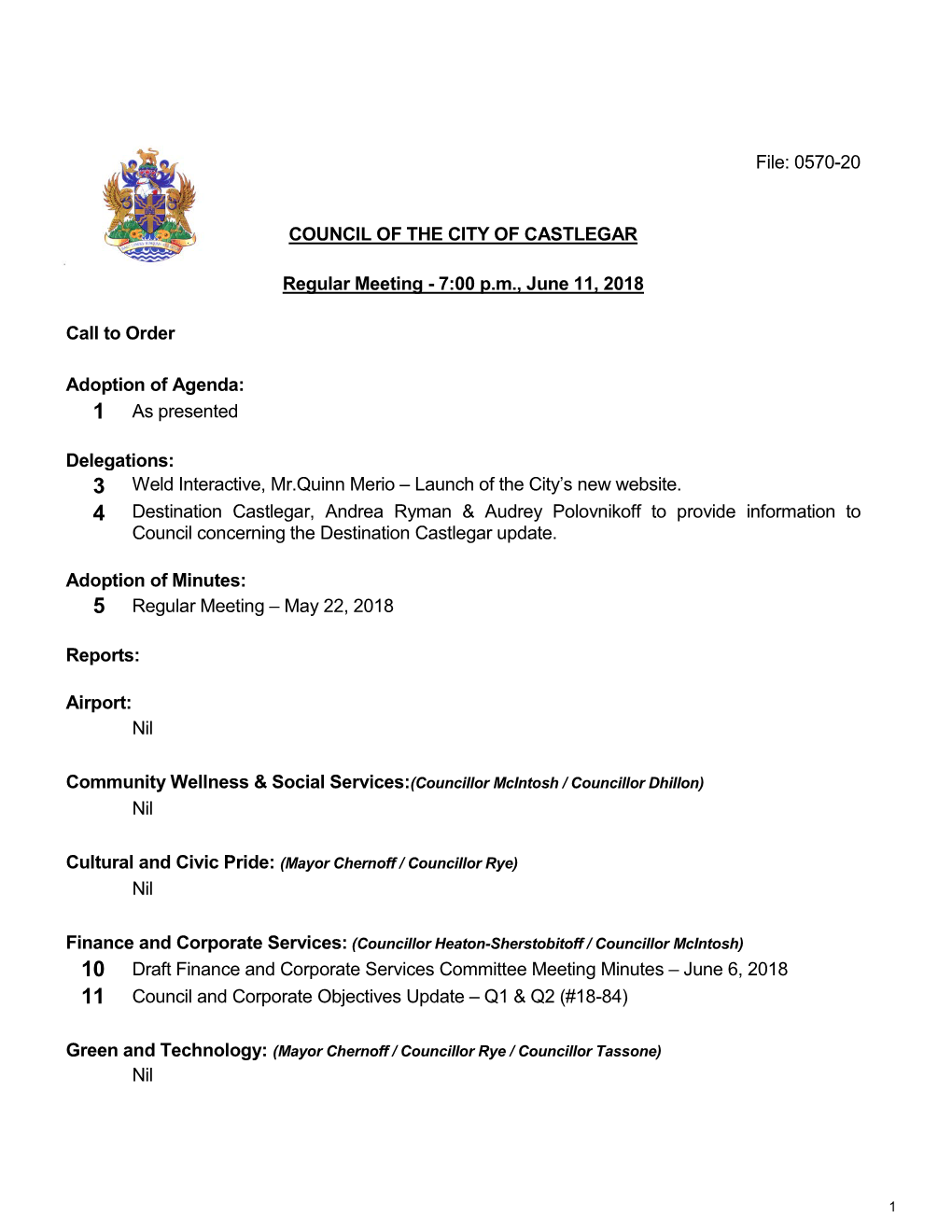 0570-20 COUNCIL of the CITY of CASTLEGAR Regular Meeting