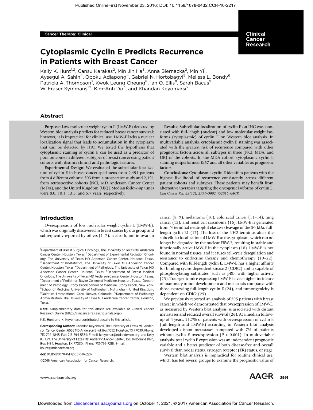 Cytoplasmic Cyclin E Predicts Recurrence in Patients with Breast Cancer Kelly K