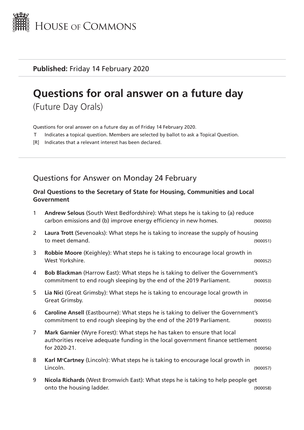 Future Oral Questions As of Fri 14 Feb 2020