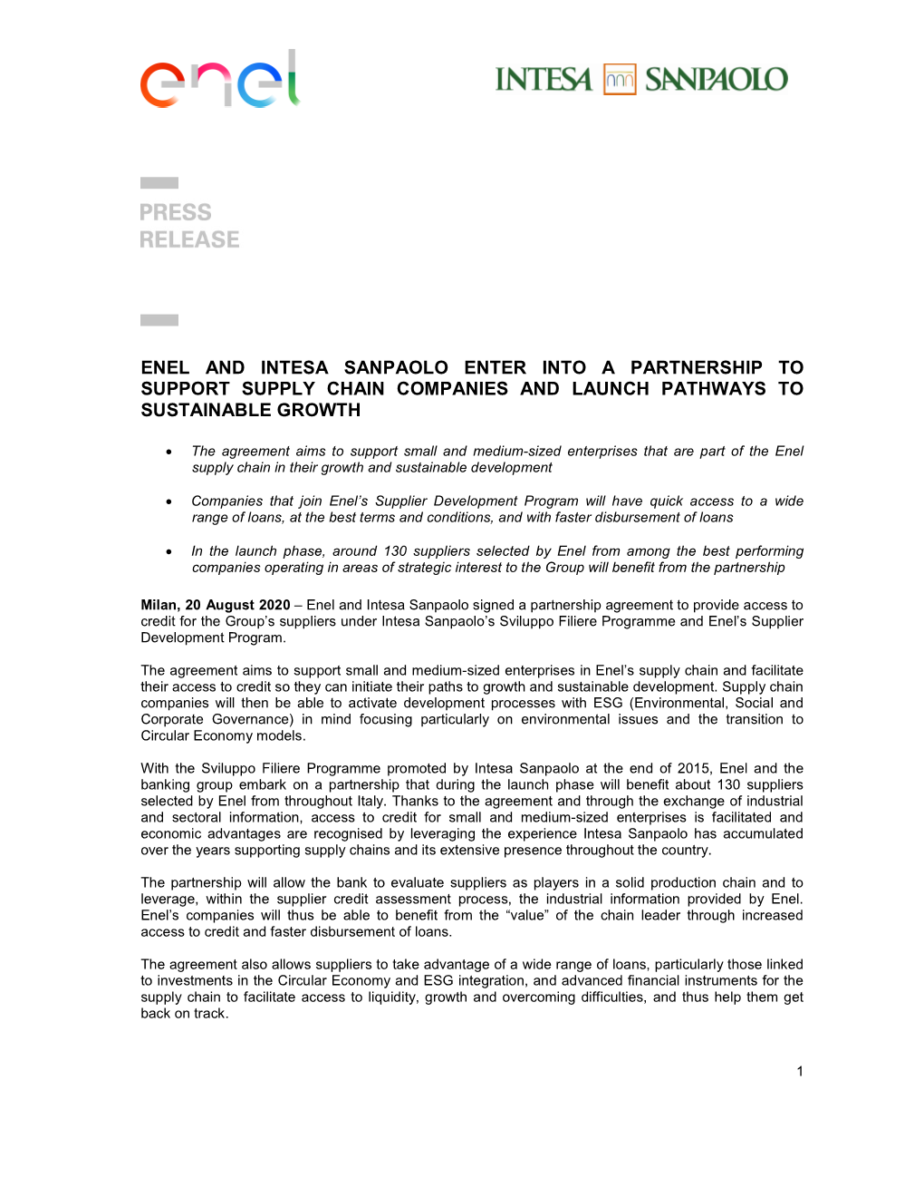 Enel-Intesa San Paolo SDP Agreement