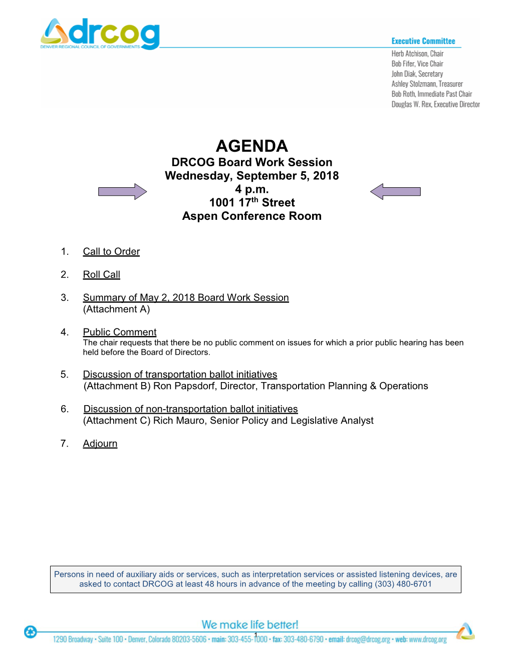 AGENDA DRCOG Board Work Session Wednesday, September 5, 2018 4 P.M