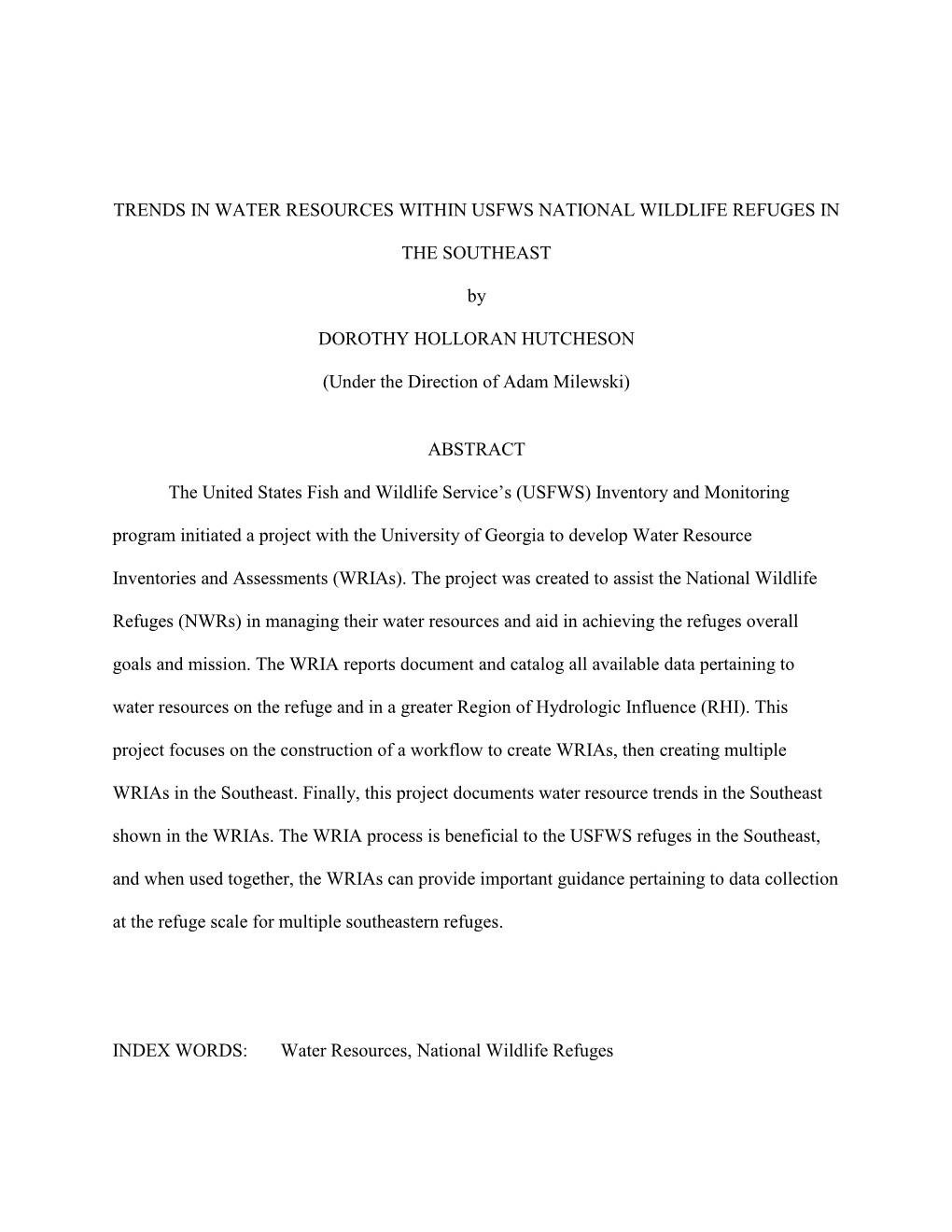 Trends in Water Resources Within Usfws National Wildlife Refuges In