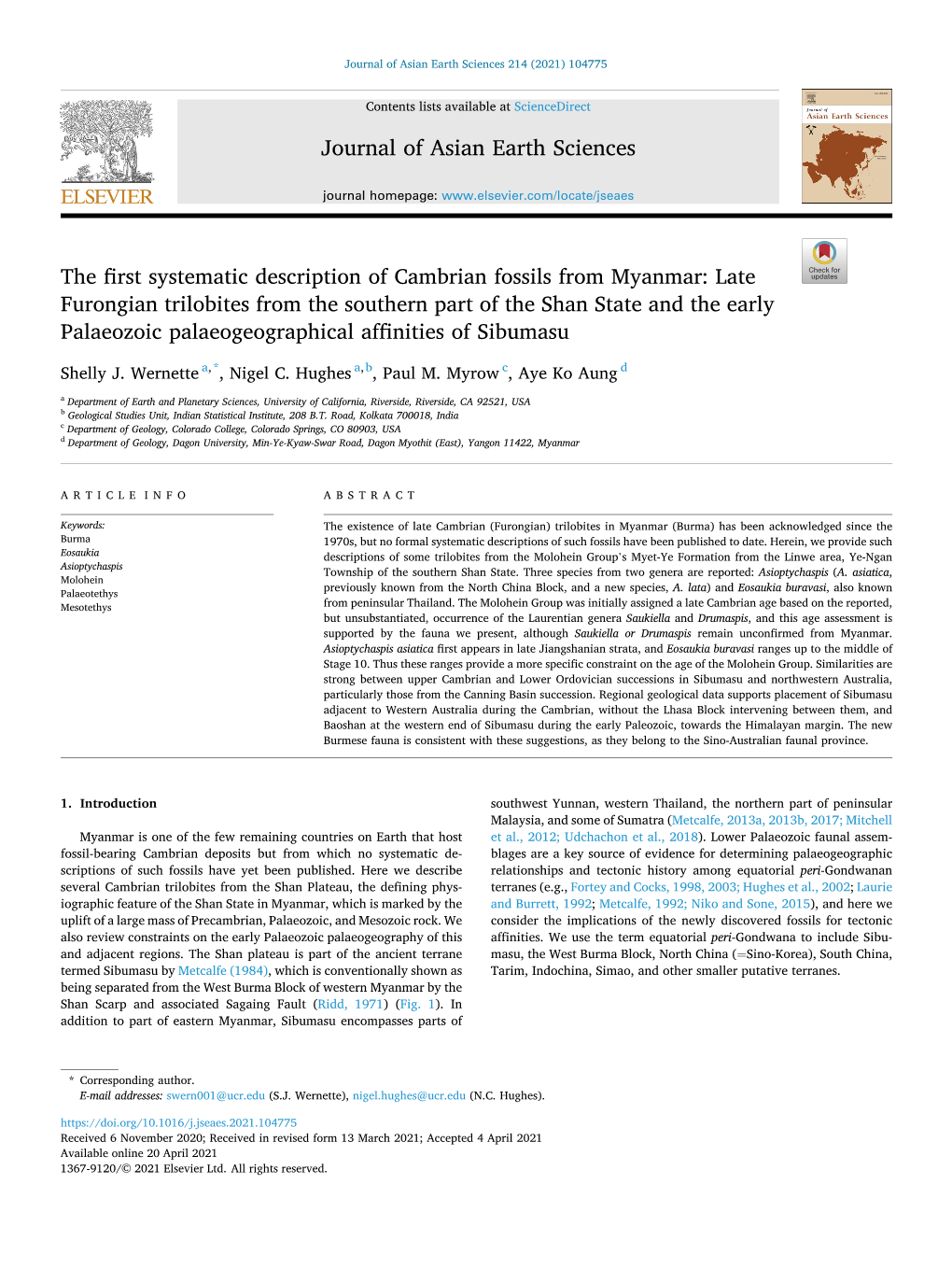 The First Systematic Description of Cambrian Fossils from Myanmar