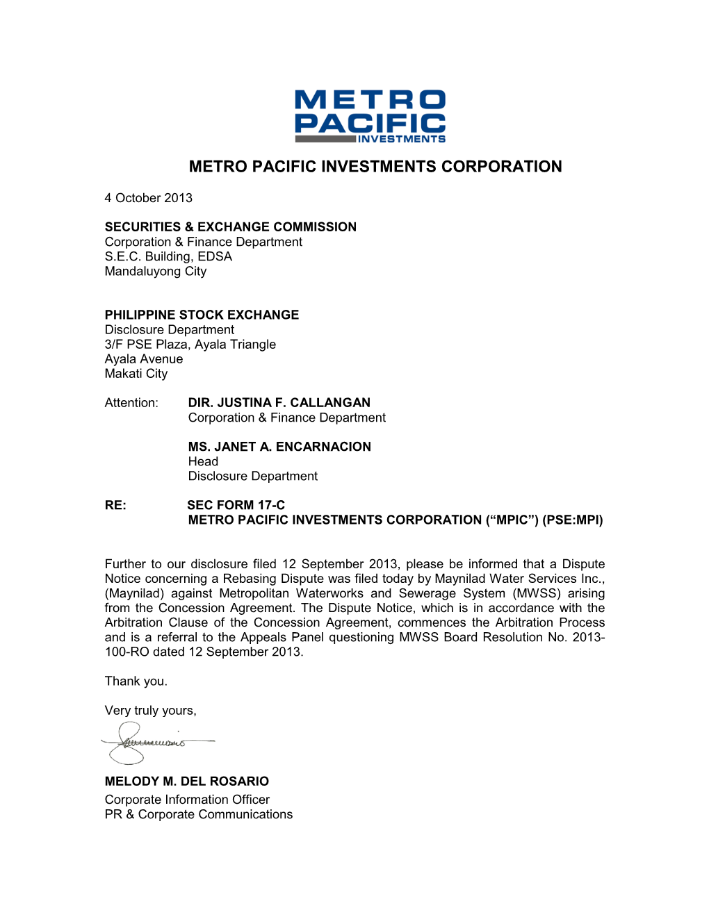 Dispute Notice Filed by Maynilad Water Services Inc. Re Rebasing