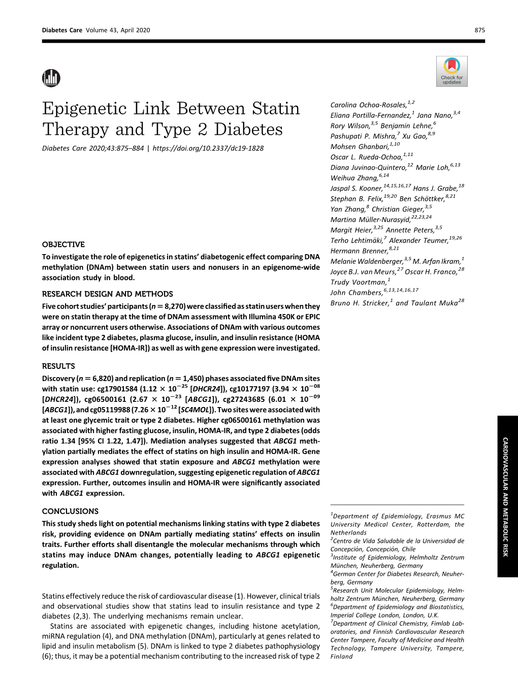 Epigenetic Link Between Statin Therapy and Type 2 Diabetes