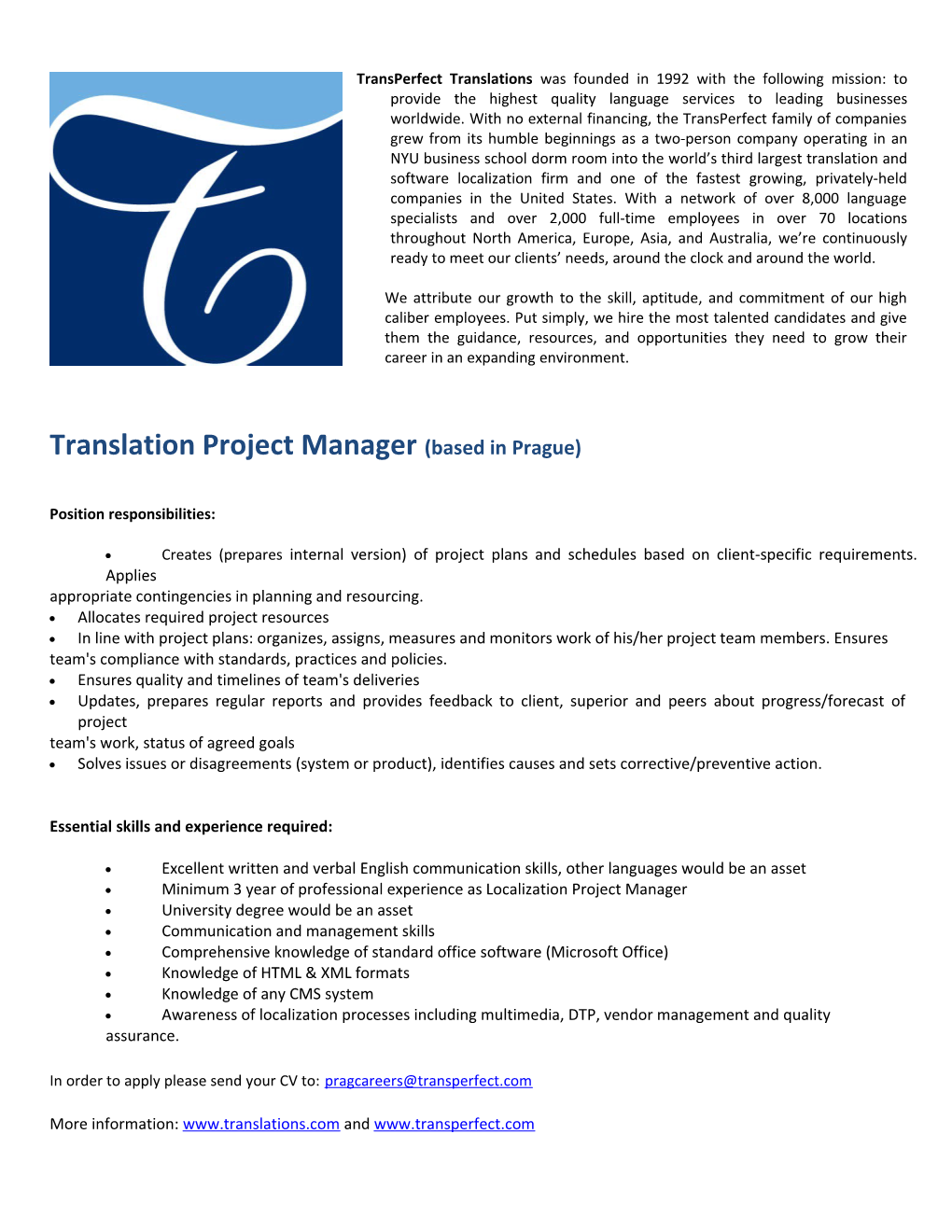 Translation Project Manager (Based in Prague)