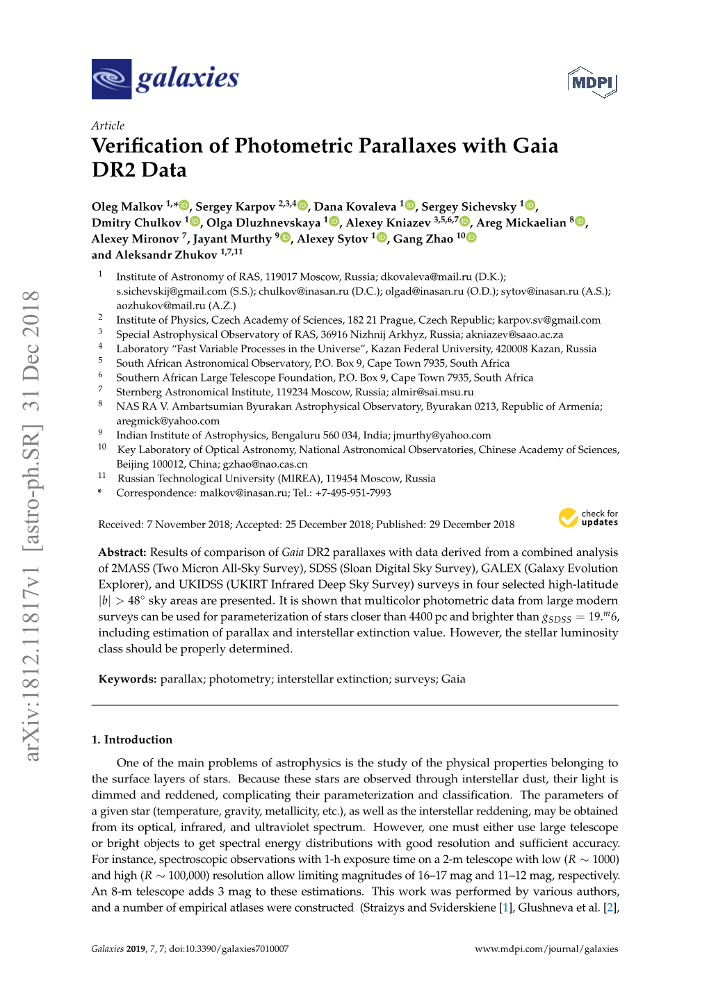 Verification of Photometric Parallaxes with Gaia DR2 Data