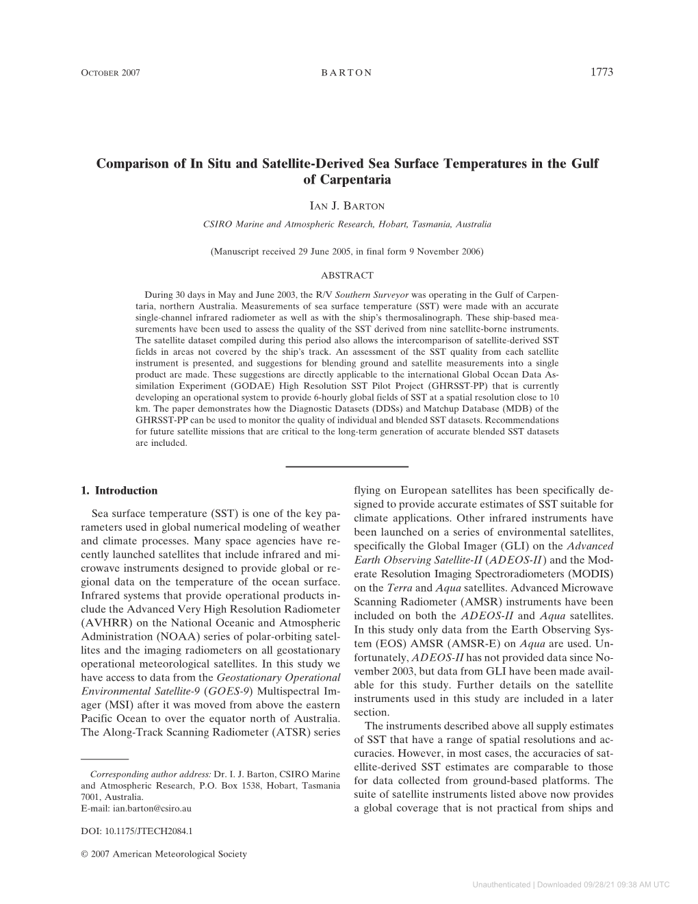 Comparison of in Situ and Satellite-Derived Sea Surface Temperatures in the Gulf of Carpentaria