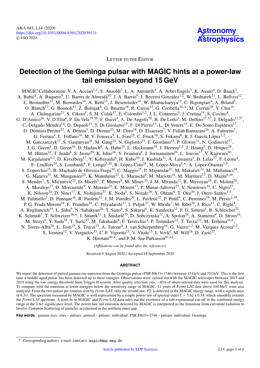 Detection of the Geminga Pulsar with MAGIC Hints at a Power-Law Tail Emission Beyond 15 Gev MAGIC Collaboration: V