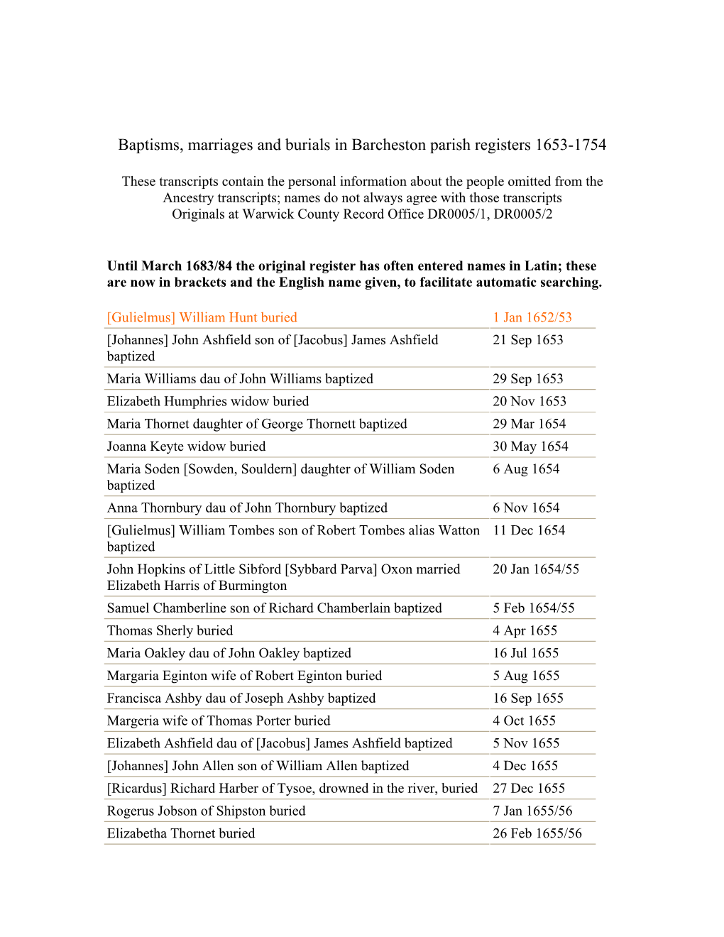 5. Parish Registers 1653-1754