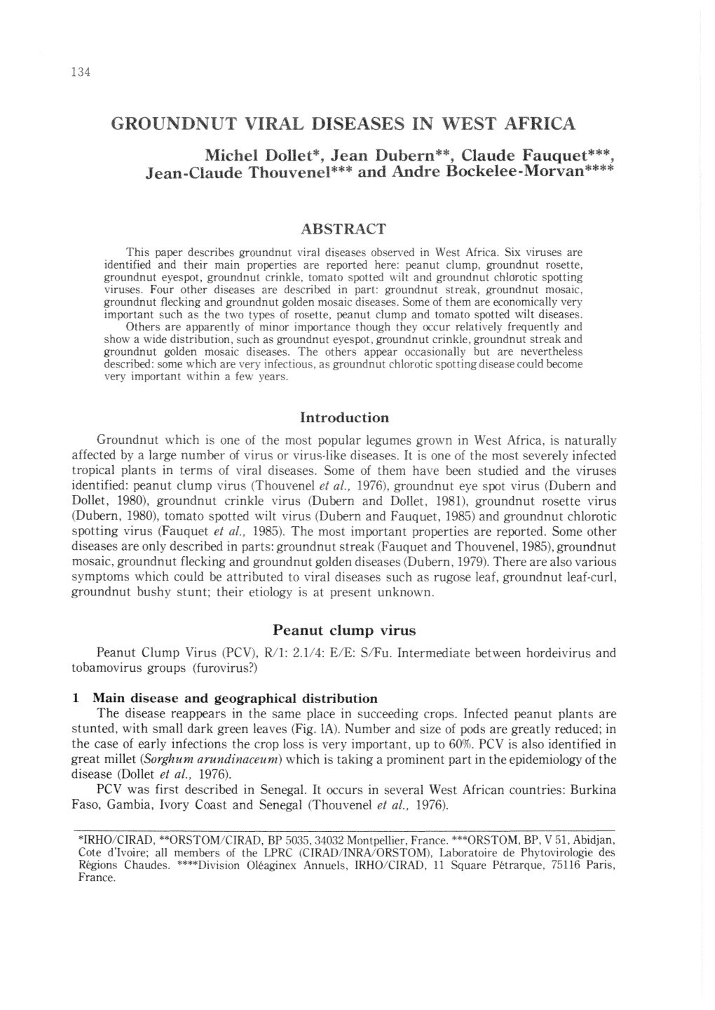 GROUNDNUT VIRAL DISEASES in WEST AFRICA Michel Dollet*, Jean Dubern•*, Claude Fauquet***, Jeangclaude Thouvenel*"'* and Andre Bockelee-Morvan*"'**