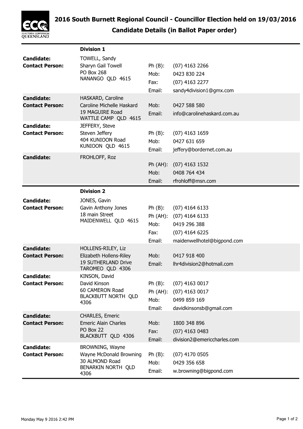 2016 South Burnett Regional Council - Councillor Election Held on 19/03/2016 Candidate Details (In Ballot Paper Order)