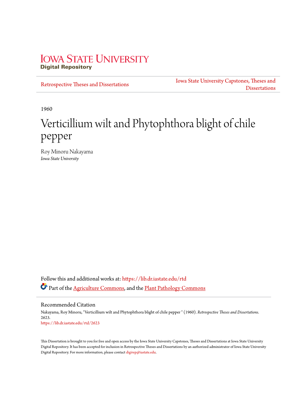 Verticillium Wilt and Phytophthora Blight of Chile Pepper Roy Minoru Nakayama Iowa State University