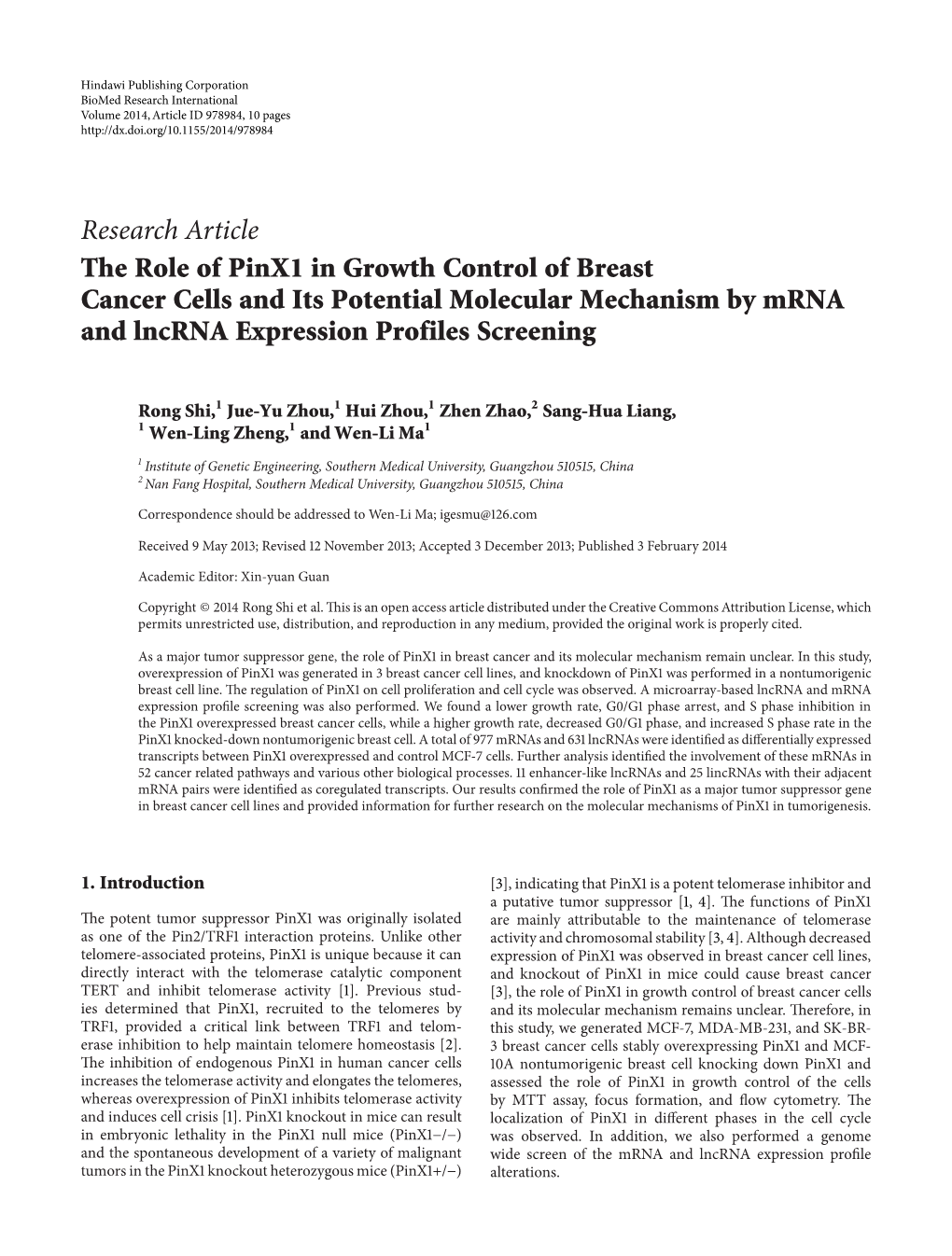 The Role of Pinx1 in Growth Control of Breast Cancer Cells and Its Potential Molecular Mechanism by Mrna and Lncrna Expression Profiles Screening