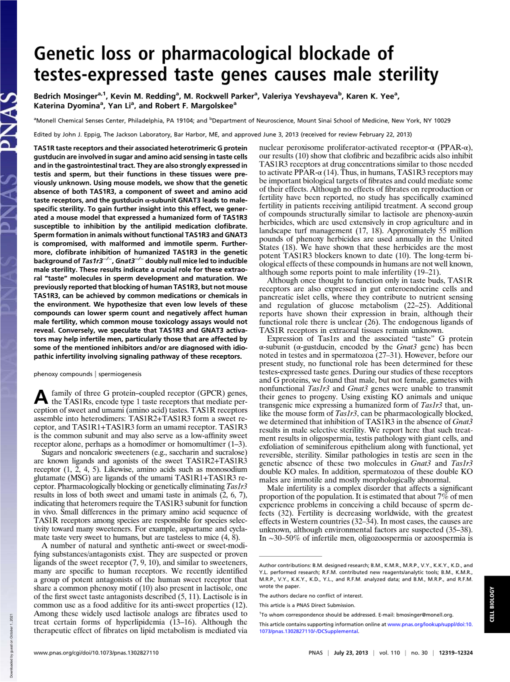 Genetic Loss Or Pharmacological Blockade of Testes-Expressed Taste Genes Causes Male Sterility