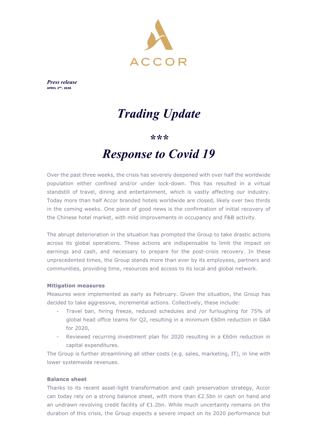 Trading Update *** Response to Covid 19