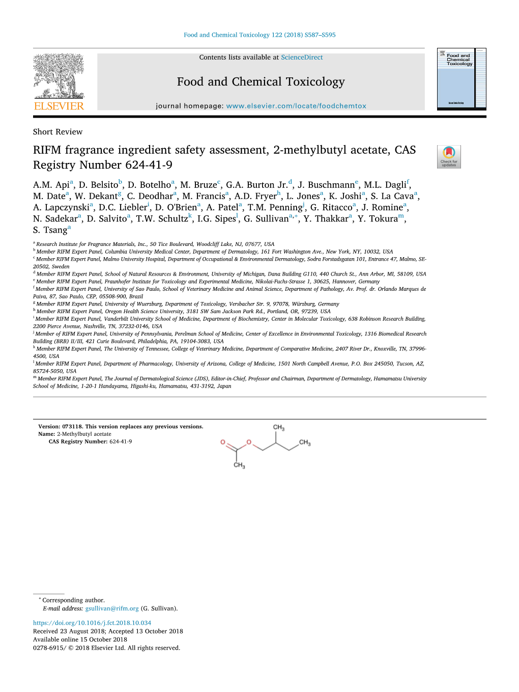 RIFM Fragrance Ingredient Safety Assessment, 2-Methylbutyl Acetate, CAS T Registry Number 624-41-9 A.M