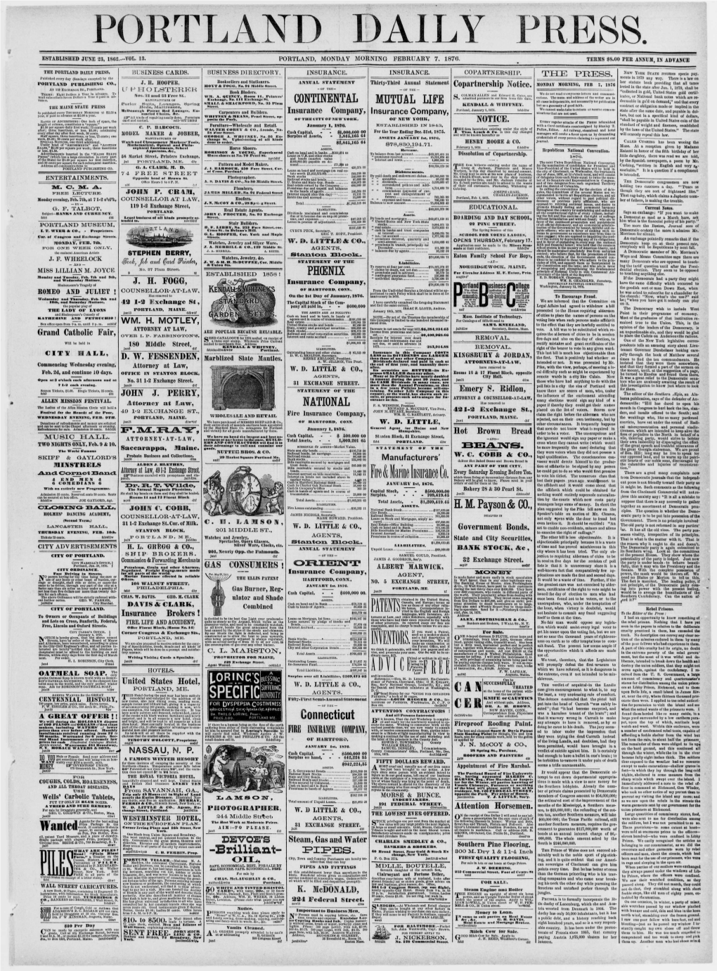 Portland Daily Press: February 7, 1876