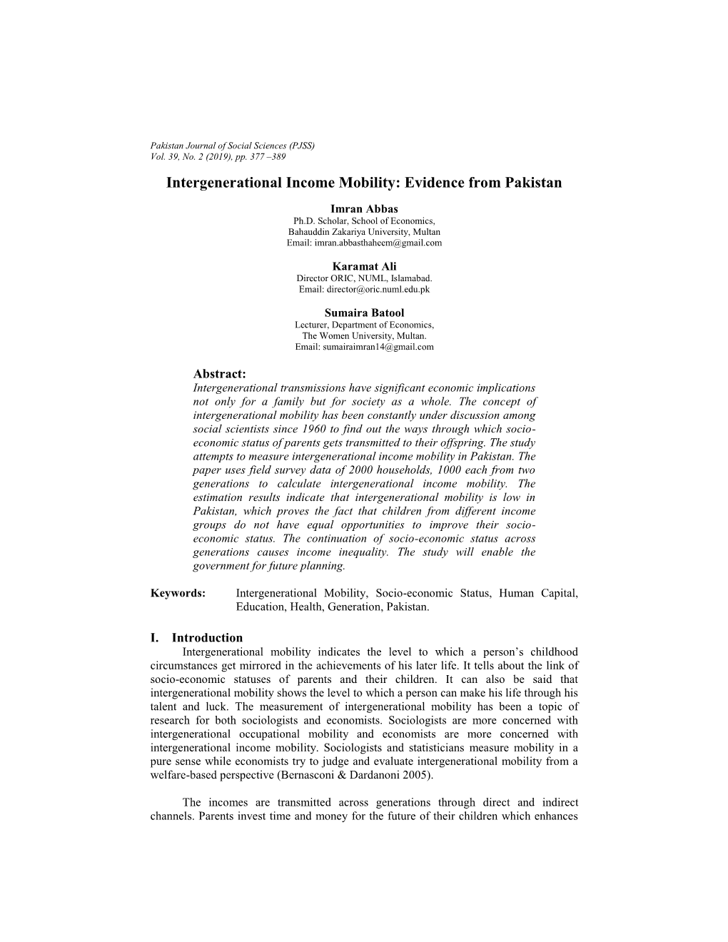 Intergenerational Income Mobility: Evidence from Pakistan