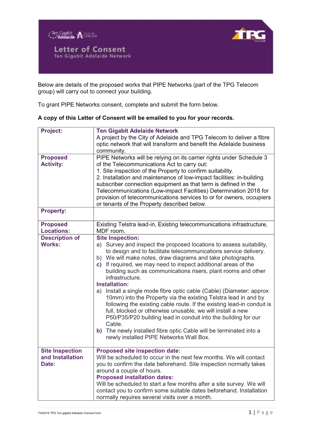 1 | P a G E Below Are Details of the Proposed Works That PIPE Networks