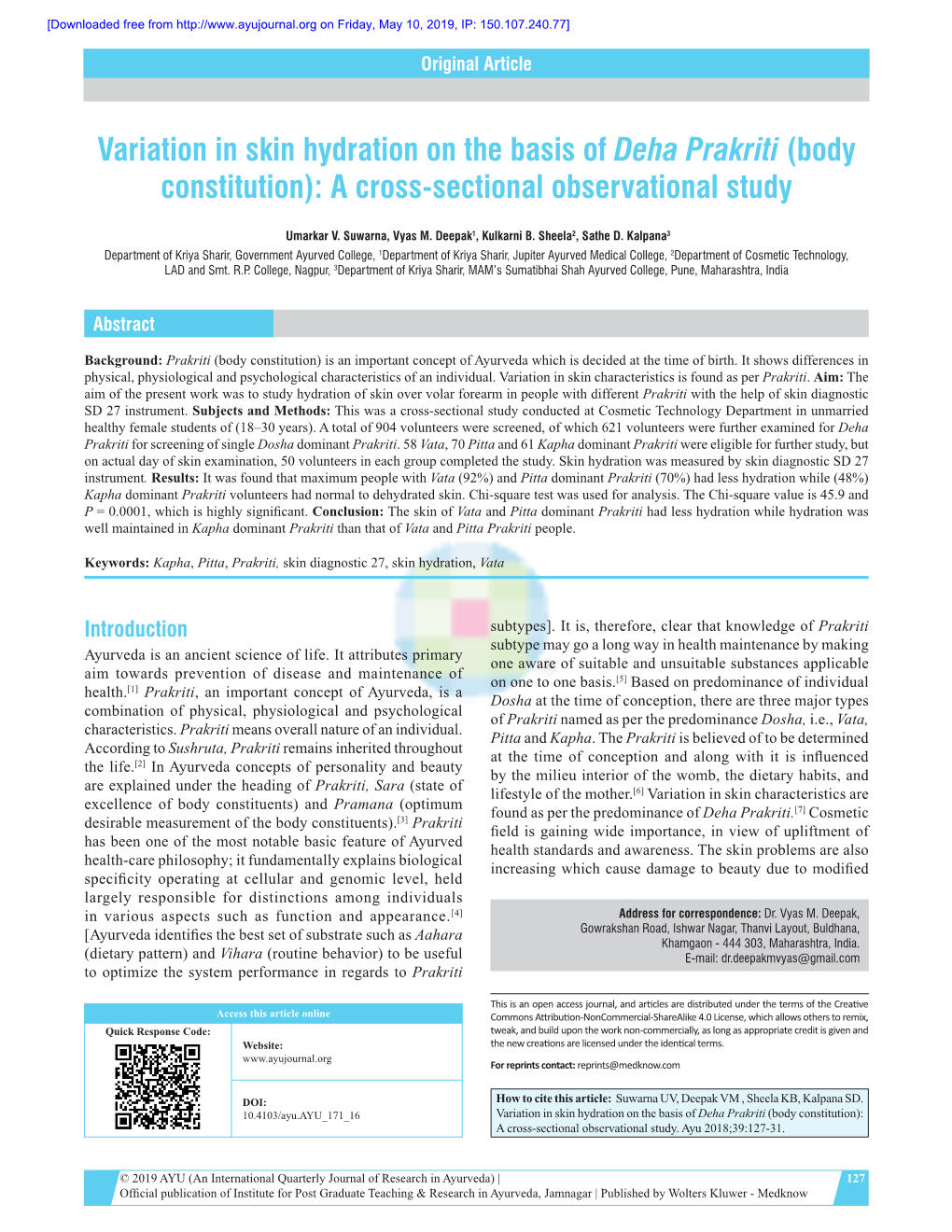 Variation in Skin Hydration on the Basis of Deha Prakriti (Body Constitution): a Cross-Sectional Observational Study