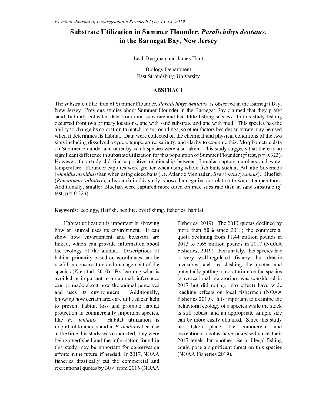 Substrate Utilization in Summer Flounder, Paralichthys Dentatus, in the Barnegat Bay, New Jersey