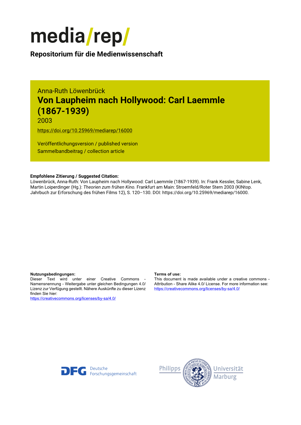 Von Laupheim Nach Hollywood: Carl Laemmle (1867-1939) 2003