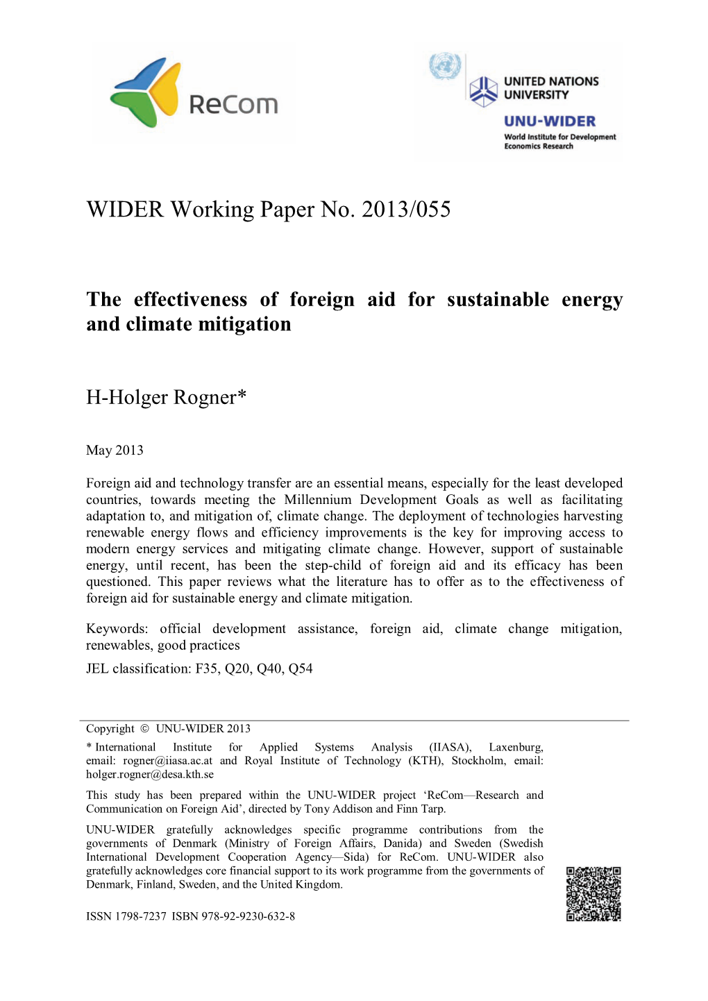 WIDER Working Paper No. 2013/055 the Effectiveness of Foreign Aid For