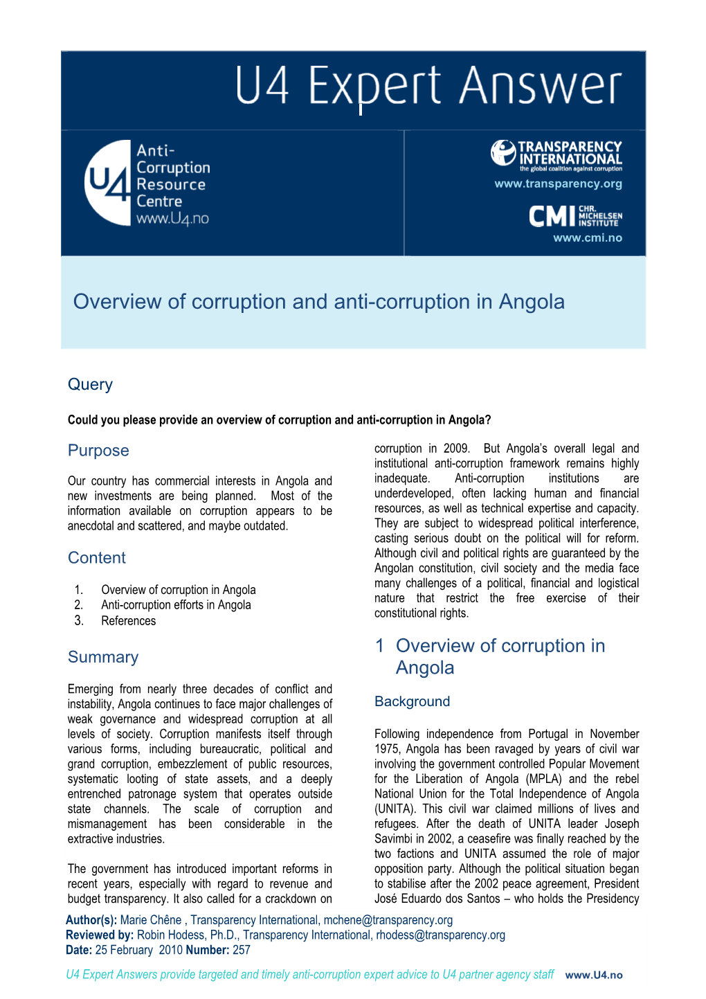 Overview of Corruption and Anti-Corruption in Angola