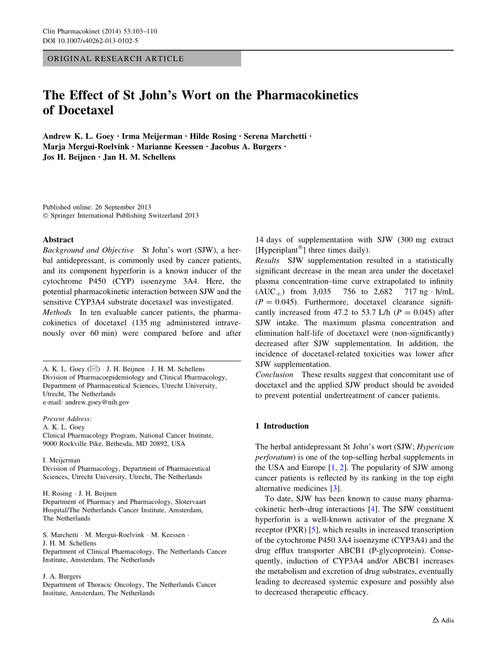 The Effect of St John's Wort on the Pharmacokinetics of Docetaxel