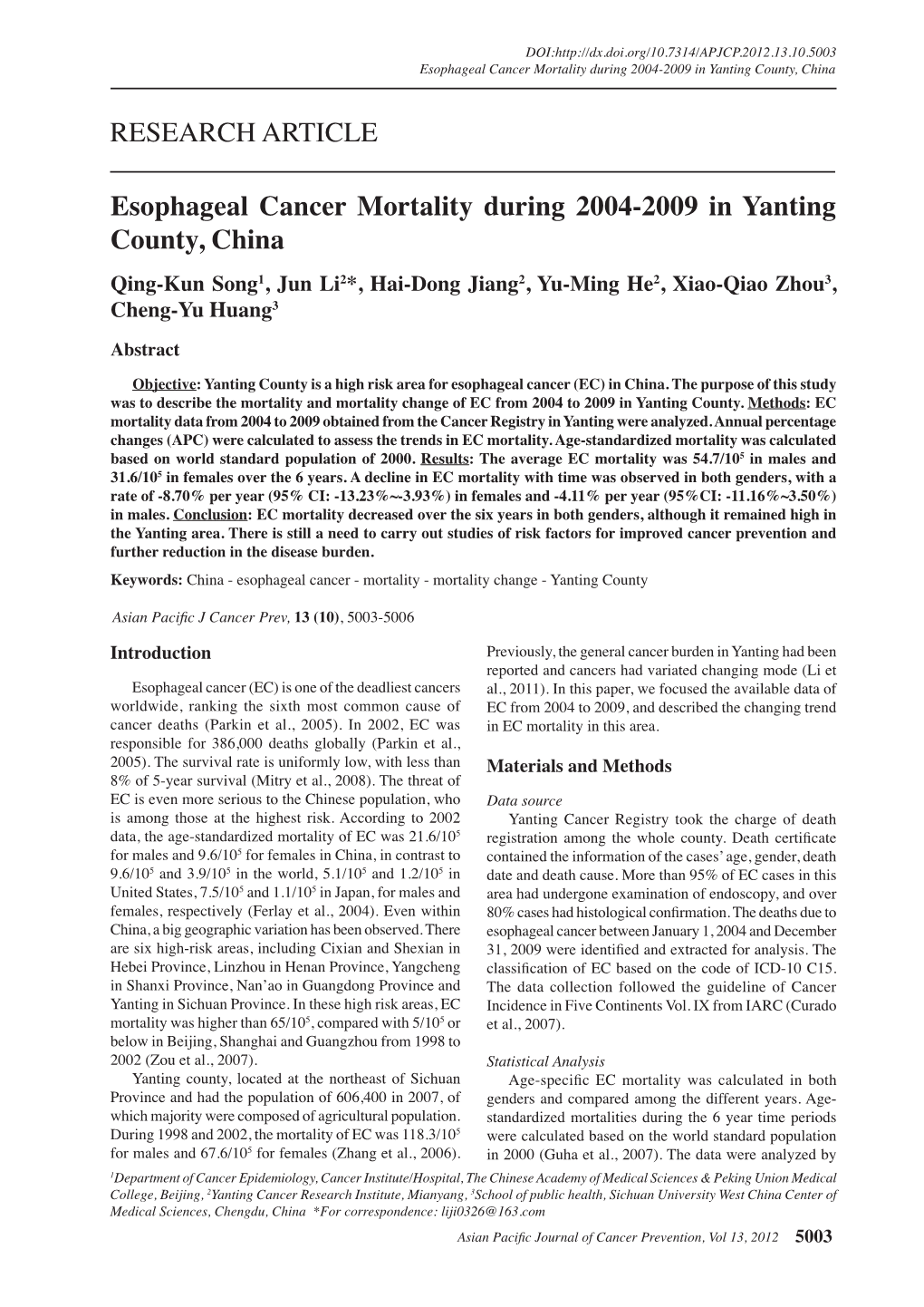 Esophageal Cancer Mortality During 2004-2009 in Yanting County, China