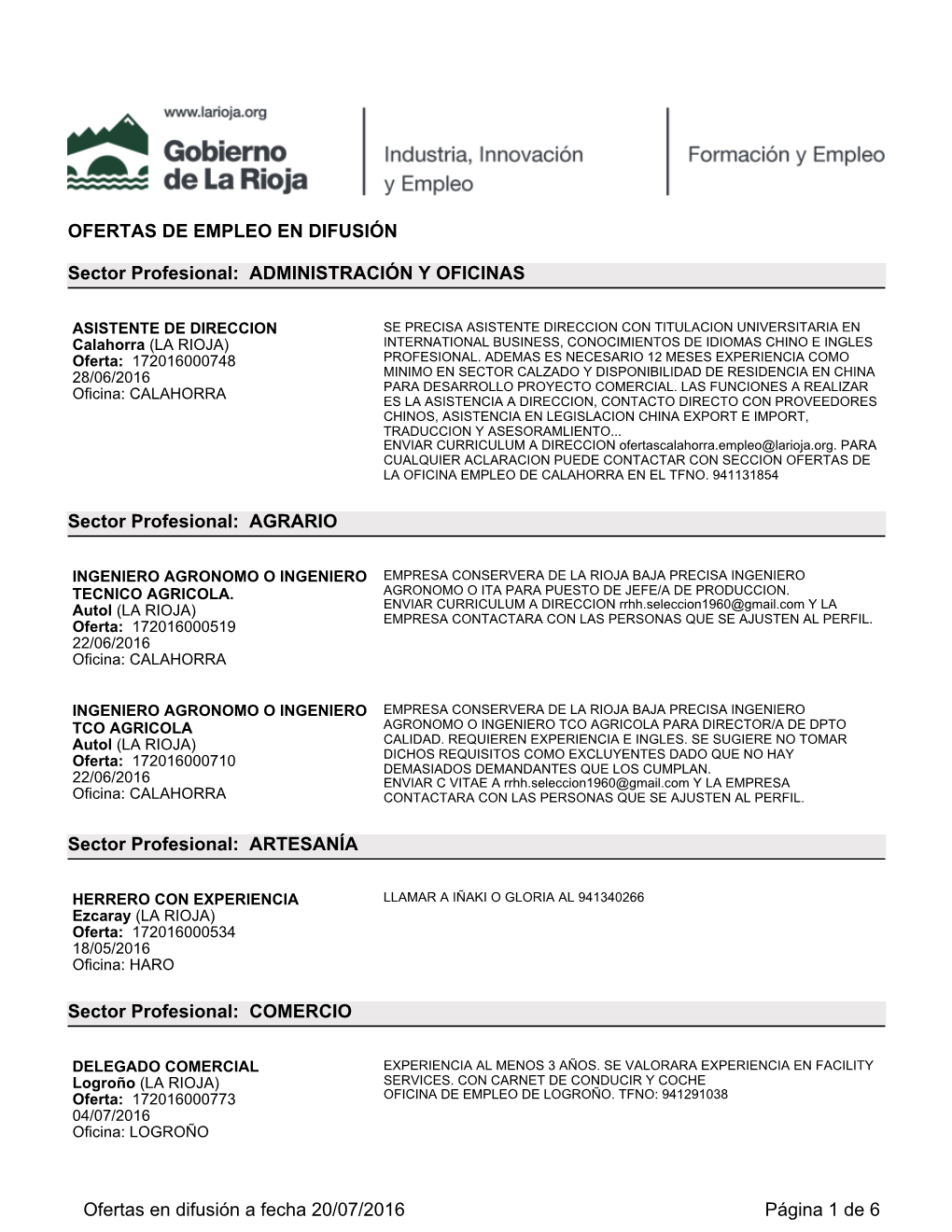 OFERTAS DE EMPLEO EN DIFUSIÓN Sector Profesional