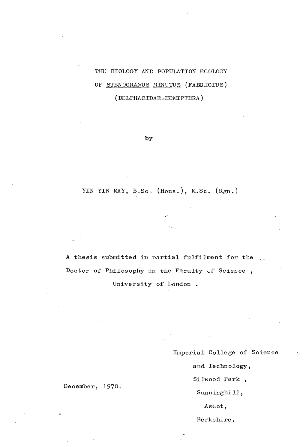 The Biology and Population Ecology of Stenocranus I4inutus (Fabvicius) (Delphacidae-Hemiptera)