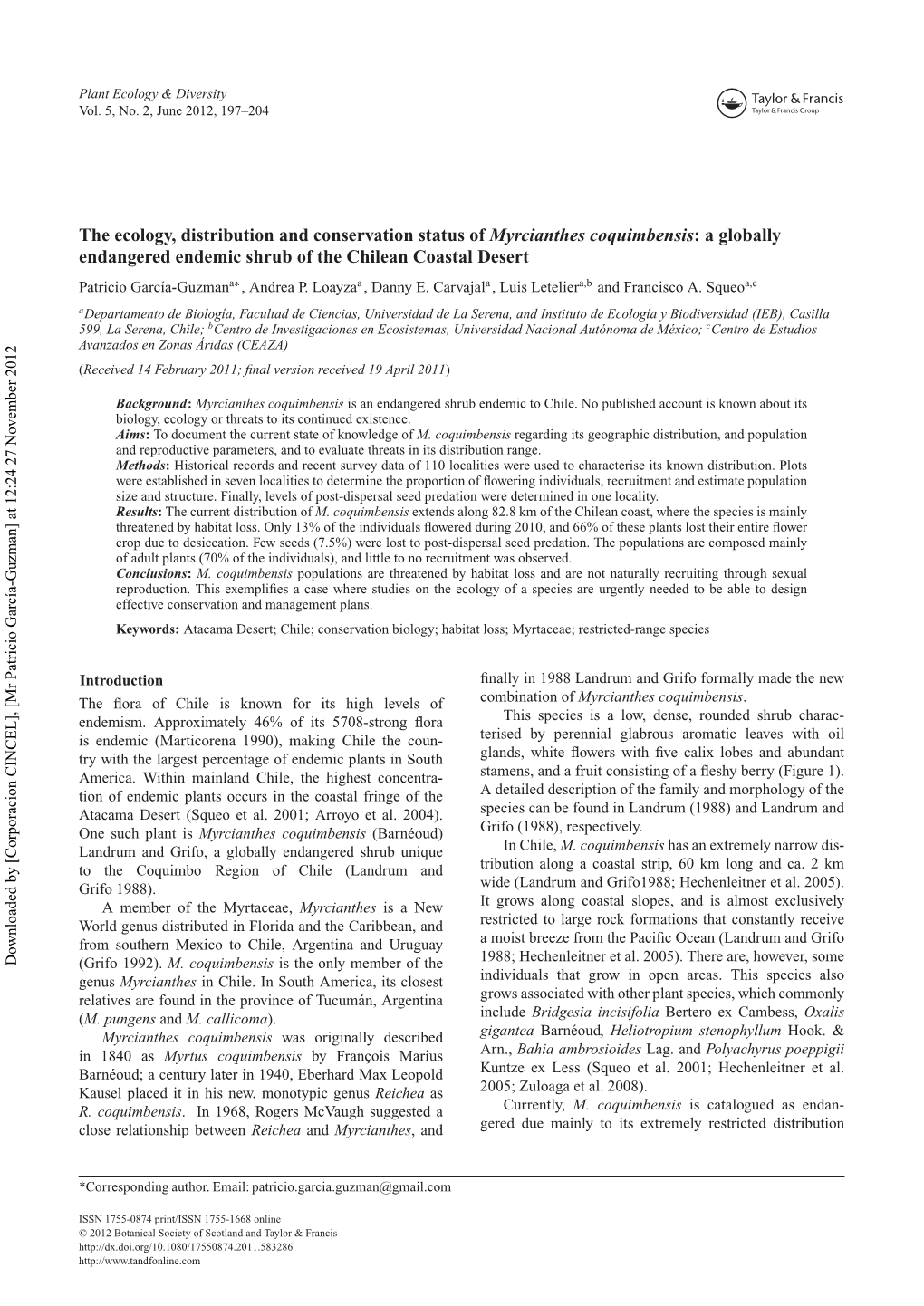 A Globally Endangered Endemic Shrub of the Chilean Coastal Desert Patricio García-Guzmana∗ , Andrea P